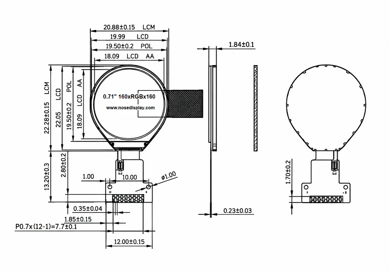 Mechanical drawing of 0.71-inch 160x160 IPS round TFT display, model ND007TRN160160-A01