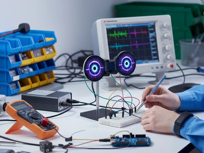 Dual round LCD robot eye prototype being tested with an Arduino board and bench instruments