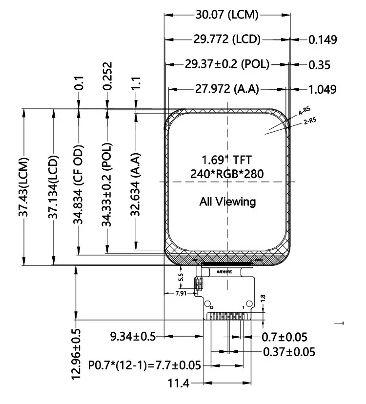 ND017TSN240280-A01 1.69-inch 240 by 280 IPS TFT LCD mechanical drawing