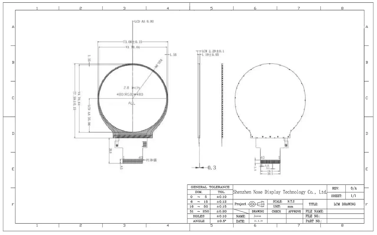 Mechanical drawing of NoseDisplay ND028TRN480480-A01 2.8 inch round IPS TFT display