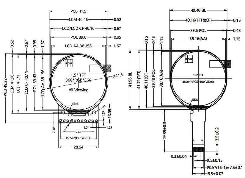 Mechanical drawing of NoseDisplay ND015TRN360360-B01 1.5-inch 360×360 QSPI round TFT LCD with PCB and 16-pin FPC