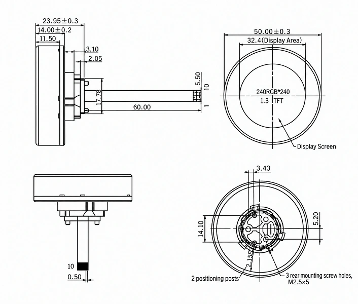 Mechanical drawing of a 1.28-inch rotary knob TFT display with dimensions and rear mounting holes