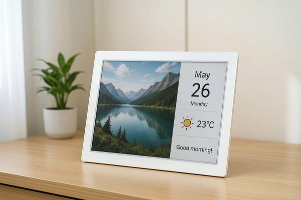 Color ePaper information display in a white desktop frame showing a landscape, date and weather