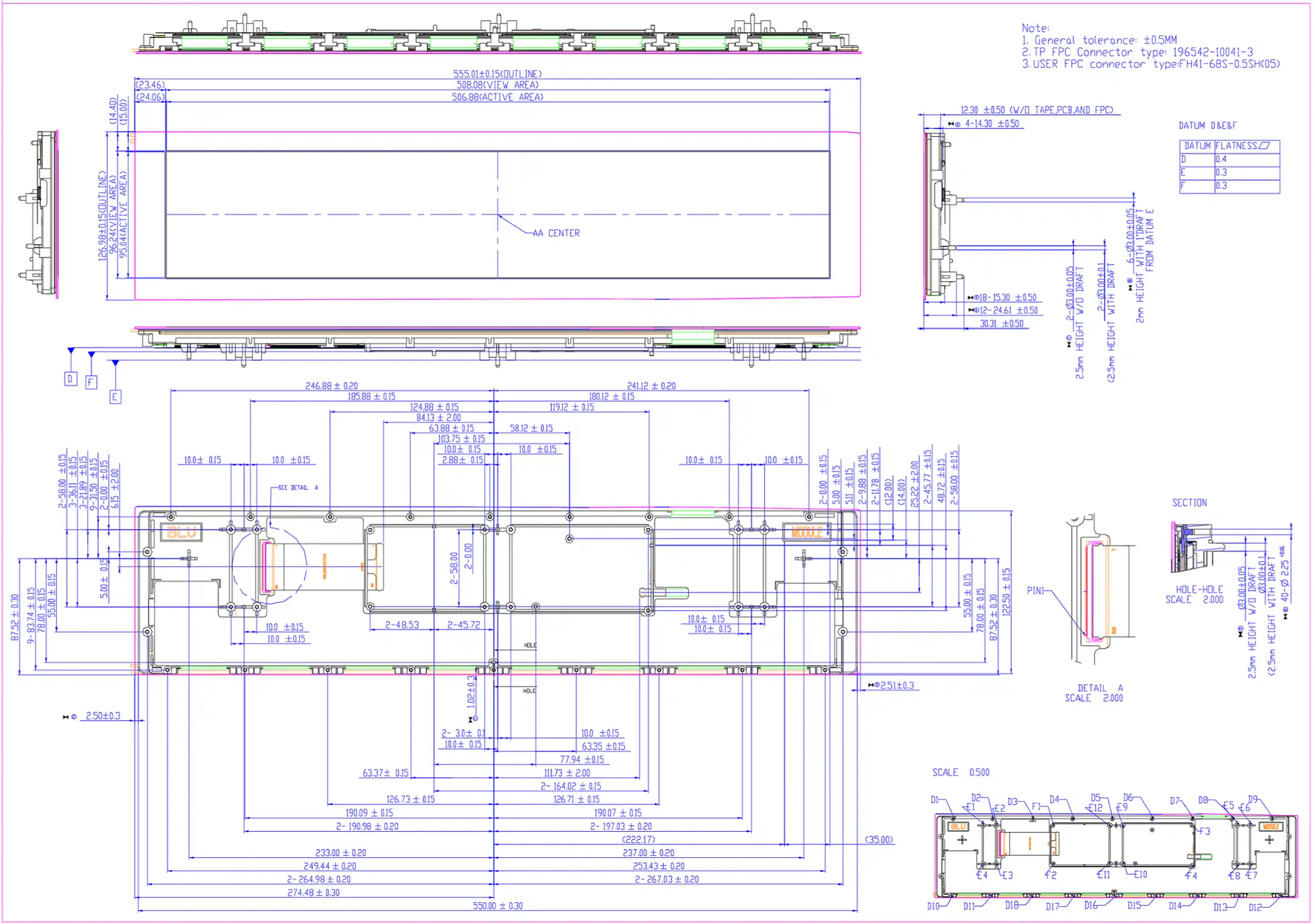 Mechanical drawing of ND203TBC3840720-A01 20.3-inch 3840×720 LVDS TFT LCD touchscreen module