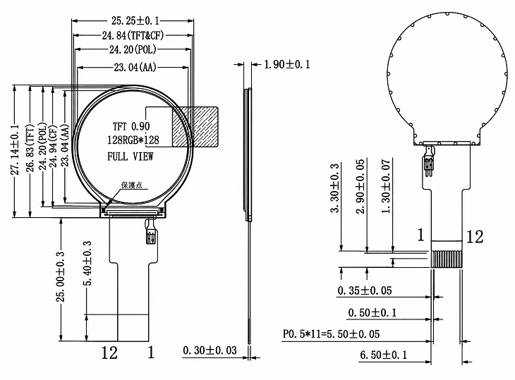 Mechanical drawing of a 0.90-inch round IPS TFT display with 128 × 128 resolution, showing front, side and rear views
