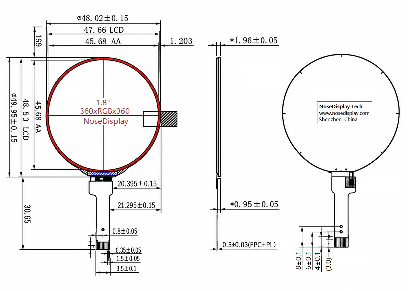 Mechanical drawing of a 1.80-inch round IPS TFT display with 360 × 360 resolution, showing front, side and rear views