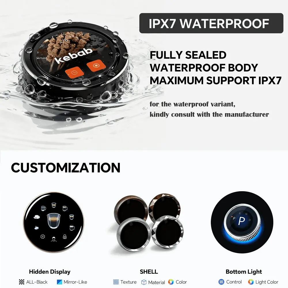 Optional sealed rotary knob housing, hidden display, shell finishes and bottom lighting design examples