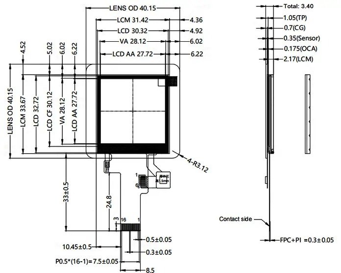 NoseDisplay ND015TSC240240-A01 1.54 inch 240×240 IPS TFT display with capacitive touch mechanical drawing