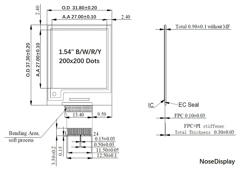 ND015EPN200200-A03 1.54-inch four-color ePaper mechanical drawing