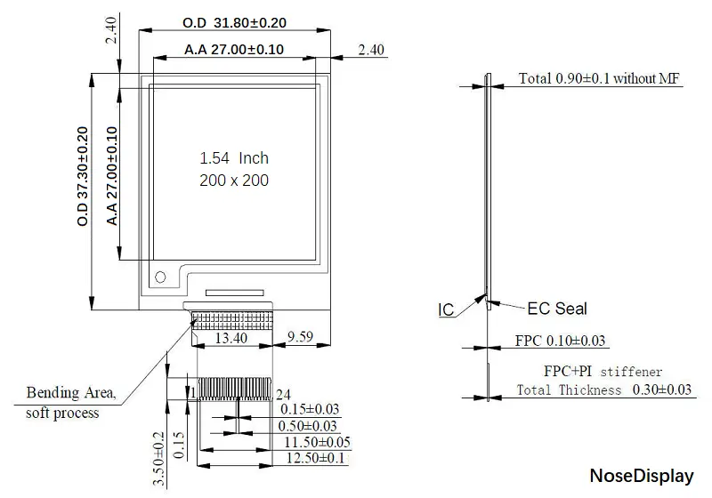 ND015EPN200200-A01 1.54-inch 200×200 square black and white ePaper display mechanical drawing