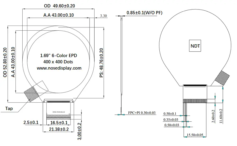 ND017EPN400400-B01 1.69 inch 400×400 six color round ePaper mechanical drawing