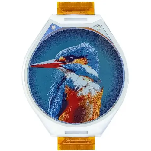 ND017EPN400400-A01 1.7-inch 400×400 round six-color ePaper display front view with a kingfisher image