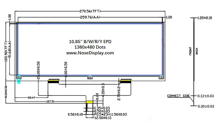10.85-inch 1360×480 four-color ePaper mechanical drawing with outline dimensions and FPC layout
