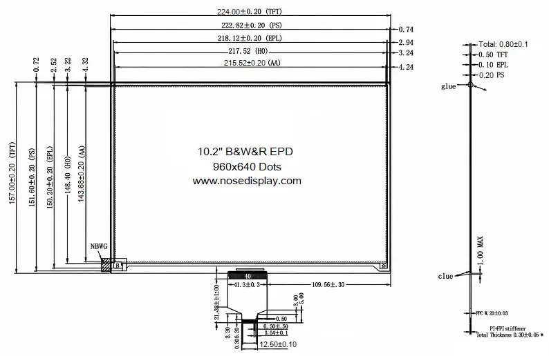 ND102EPN960640-B01 10.2-inch 960×640 black white red ePaper mechanical drawing with dimensions and 24-pin FPC