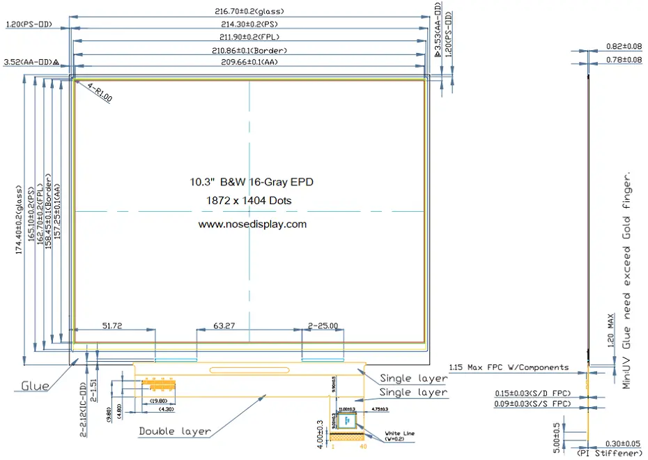 ND103EPN18721404-A01 10.3-inch 1872×1404 ePaper mechanical drawing with outline dimensions and FPC layout