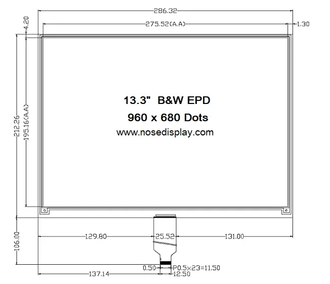 ND133EPN960680-A01 13.3-inch 960×680 black and white ePaper mechanical drawing with outline dimensions and 24PIN FPC layout