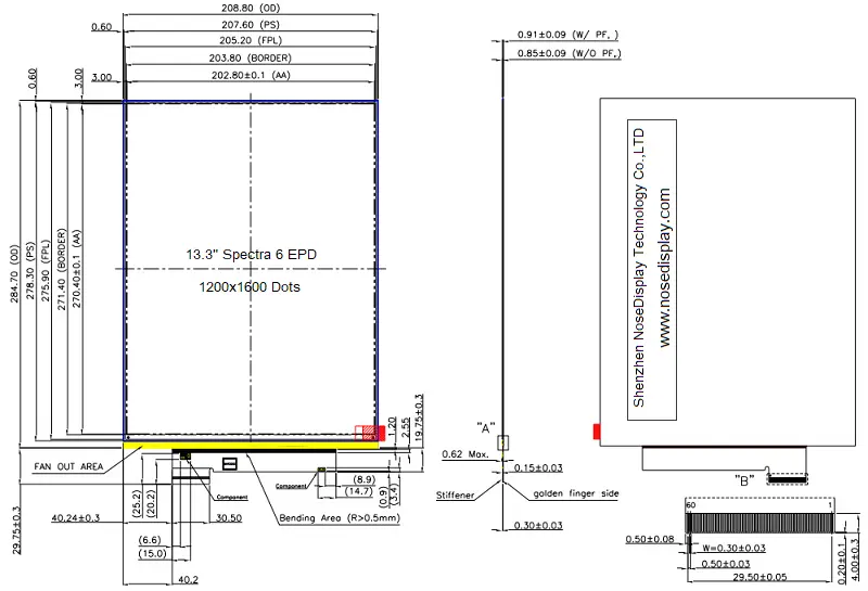 ND133EPN16001200-A01 13.3-inch 1600×1200 six-color ePaper mechanical drawing with outline dimensions and 60-pin FPC layout