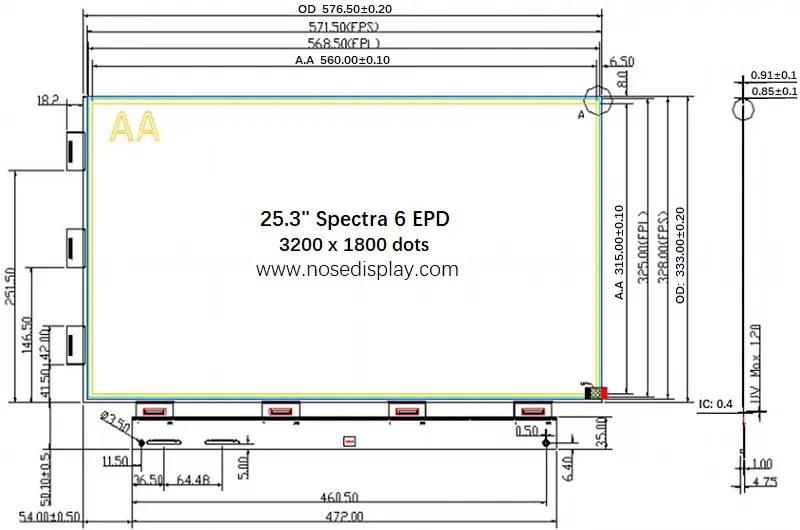 ND253EPN32001800-A01 25.3-inch 3200×1800 ePaper mechanical drawing with outline dimensions and FPC layout