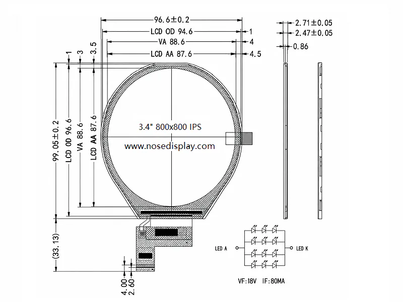 Mechanical drawing of a 3.40-inch round IPS TFT display with 800 × 800 resolution, showing the front view, side profiles and flex cable