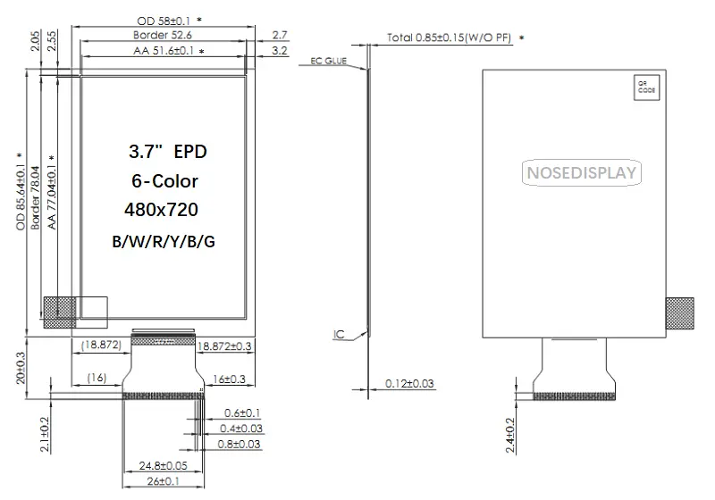 3.70-inch 480×720 six-color ePaper mechanical drawing with front, side and rear views and FPC dimensions