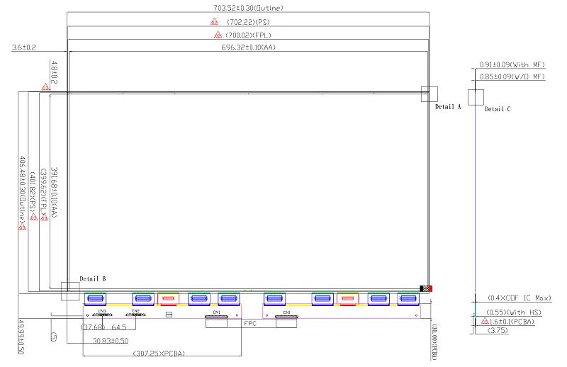 ND320EPN25601440-A01 32-inch-class 2560×1440 six-color ePaper mechanical drawing with outline dimensions and connector layout