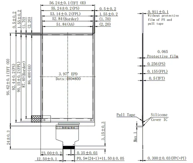 NoseDisplay 4.00-inch 480×800 four-color ePaper mechanical drawing with panel dimensions and 24-pin FPC layout