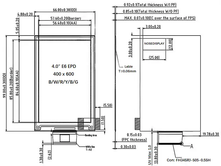 NoseDisplay 4.0-inch 400×600 six-color ePaper mechanical drawing with panel dimensions and 50-pin FPC connector