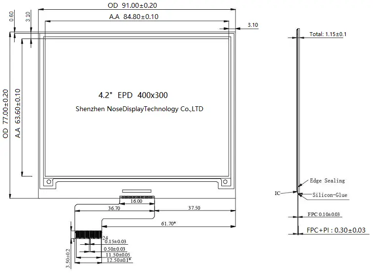 ND042EPN400300-A01 4.2-inch 400×300 ePaper display mechanical drawing with outline, active area and FPC dimensions