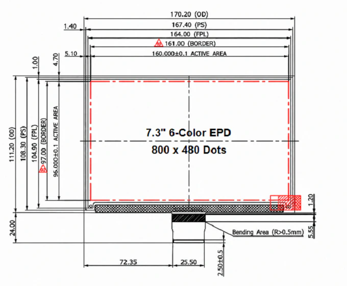 ND073EPN800480-A01 7.3-inch 800×480 full-color ePaper mechanical drawing with outline dimensions and FPC layout