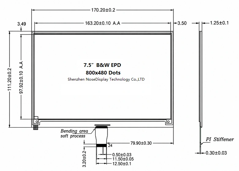 ND075EPN800480-A01 7.5-inch 800×480 black and white ePaper mechanical drawing with outline dimensions and 24-pin FPC layout