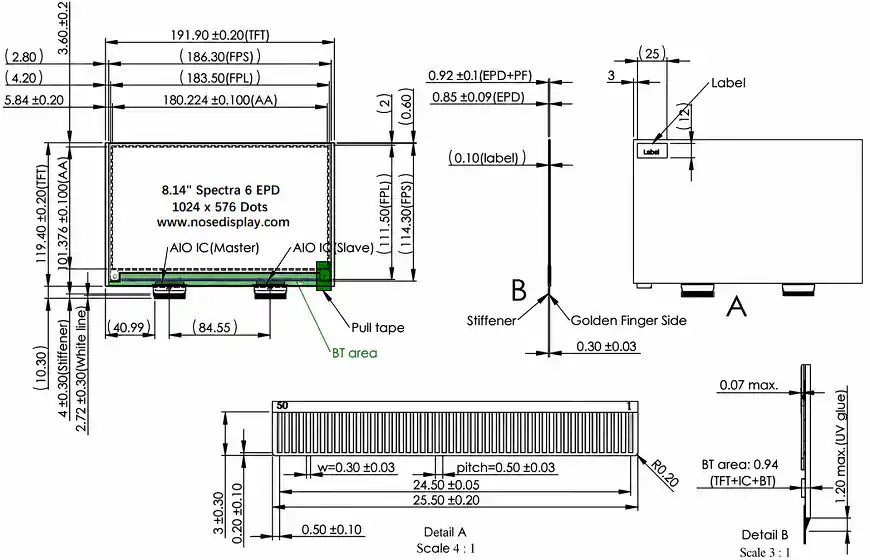 8.1 inch 1024×576 six-color ePaper display mechanical drawing