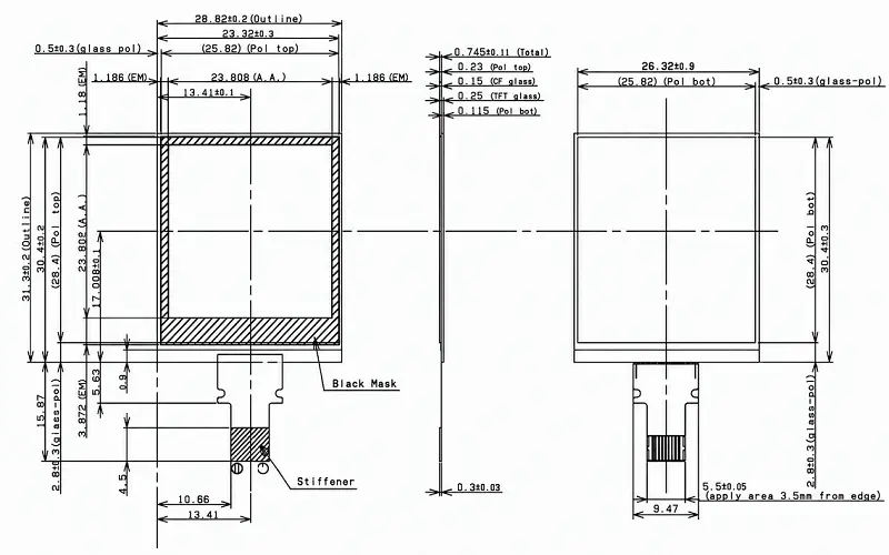 Mechanical drawing of LS013B7DH06 1.33-inch reflective TFT LCD module showing front, side and rear views with dimensions