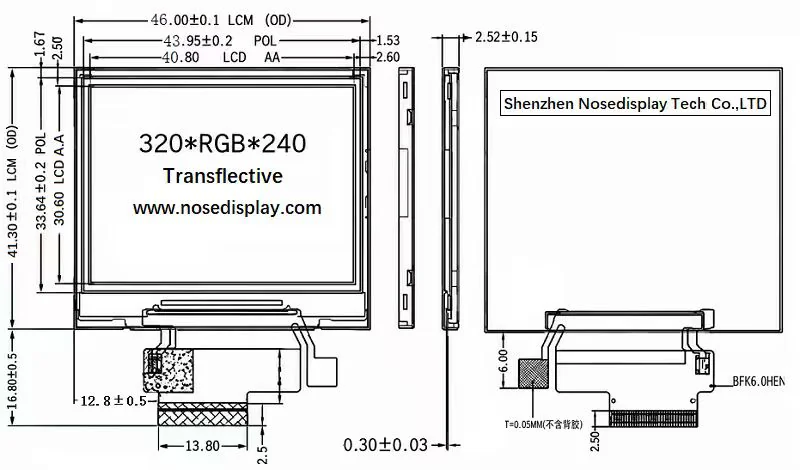 Mechanical drawing of the ND020TFN320240-B01 2.0-inch 320×240 transflective TFT LCD module