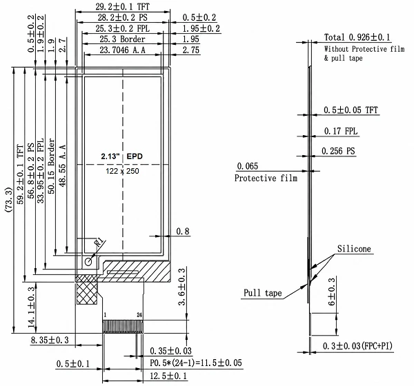 ND021EPN122250-A01 2.13-inch 122×250 ePaper mechanical drawing with dimensions and 24-pin FPC