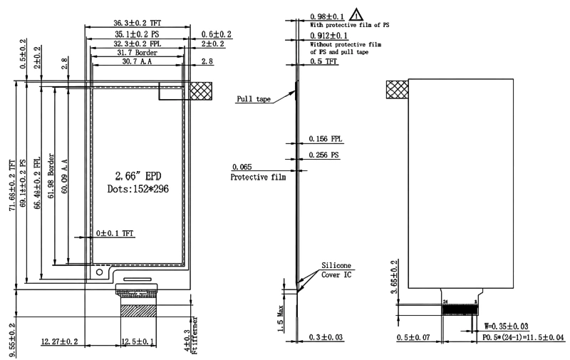 ND026EPN152296-A01 2.66-inch 152×296 ePaper display mechanical drawing with dimensions and 24-pin FPC