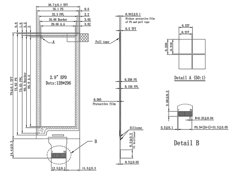 ND029EPN128296-A01 2.9-inch 128×296 ePaper display mechanical drawing with dimensions and 24-pin FPC