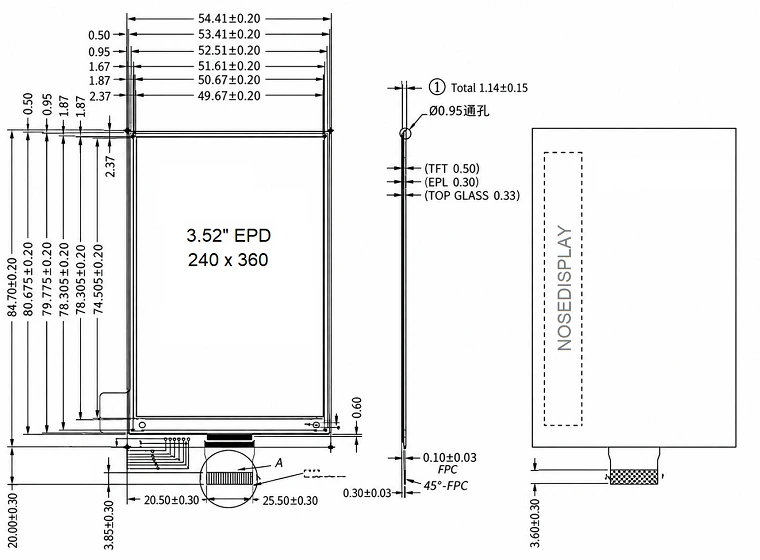 ND035EPN240360-A01 3.52-inch 240×360 ePaper display mechanical drawing with dimensions and 24-pin FPC