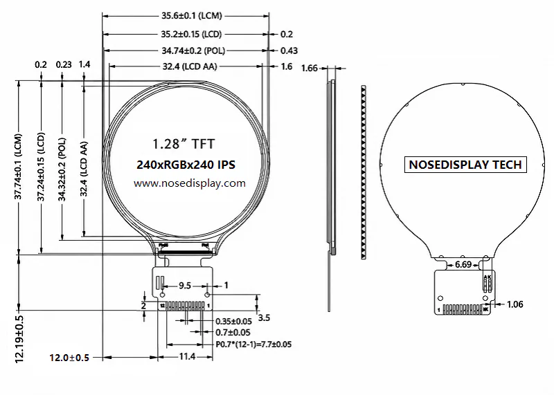 Mechanical drawing of a 1.28-inch round IPS TFT display with front, side and rear views, dimensions and FPC pin layout.