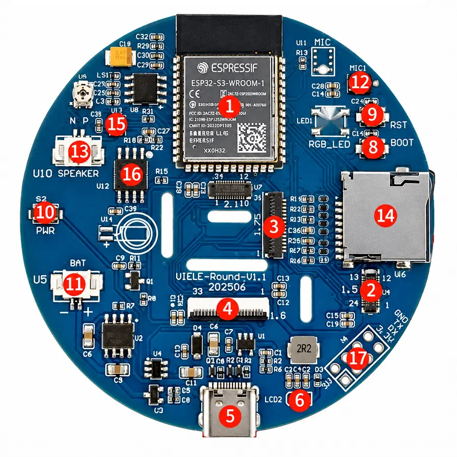ESP32-S3 round display development board with numbered hardware interfaces, buttons, microphone, speaker connector, TF card slot, IMU and GPIO