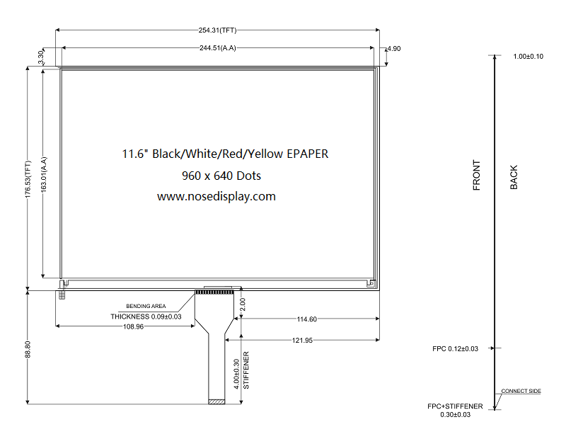 ND116EPN960640-A01 11.6-inch four-color ePaper display mechanical drawing and 24-pin FPC dimensions