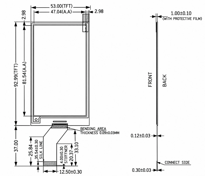 ND037EPN416240-A01 3.7-inch four-color ePaper display mechanical drawing and FPC dimensions
