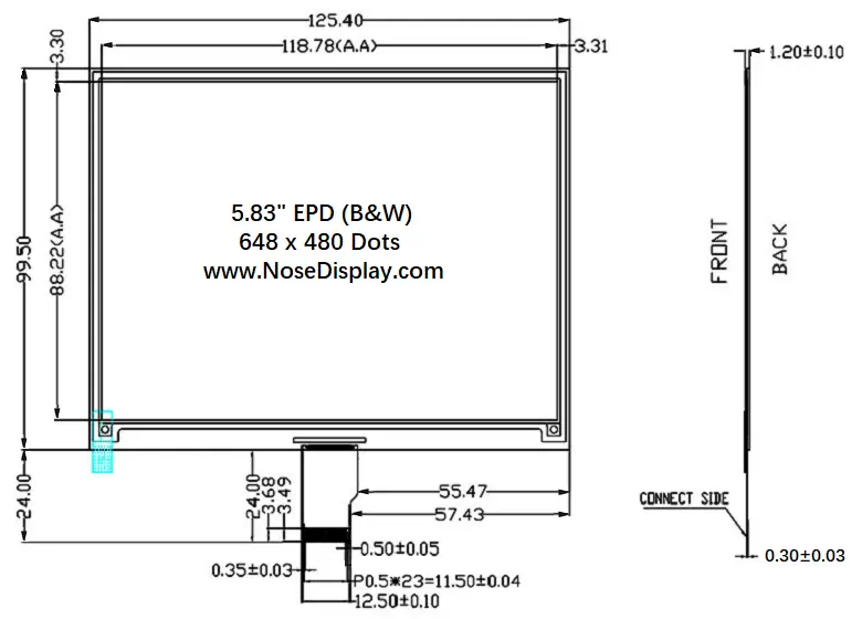 ND058EPN648480-A01 5.83-inch 648×480 ePaper display mechanical drawing with outline, active area and FPC dimensions