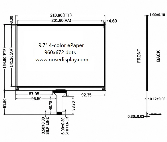 ND097EPN960672-A01 9.7-inch four-color ePaper display mechanical drawing and 24-pin FPC dimensions