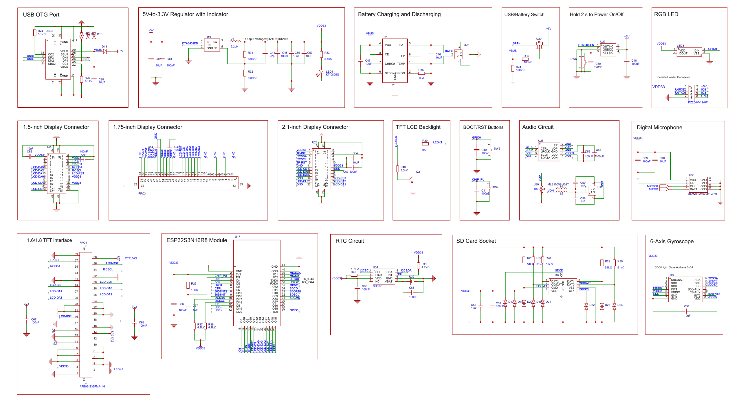 ESP32-S3 round display PCB schematic showing power, display interfaces, audio, microphone, RTC, microSD and IMU circuits