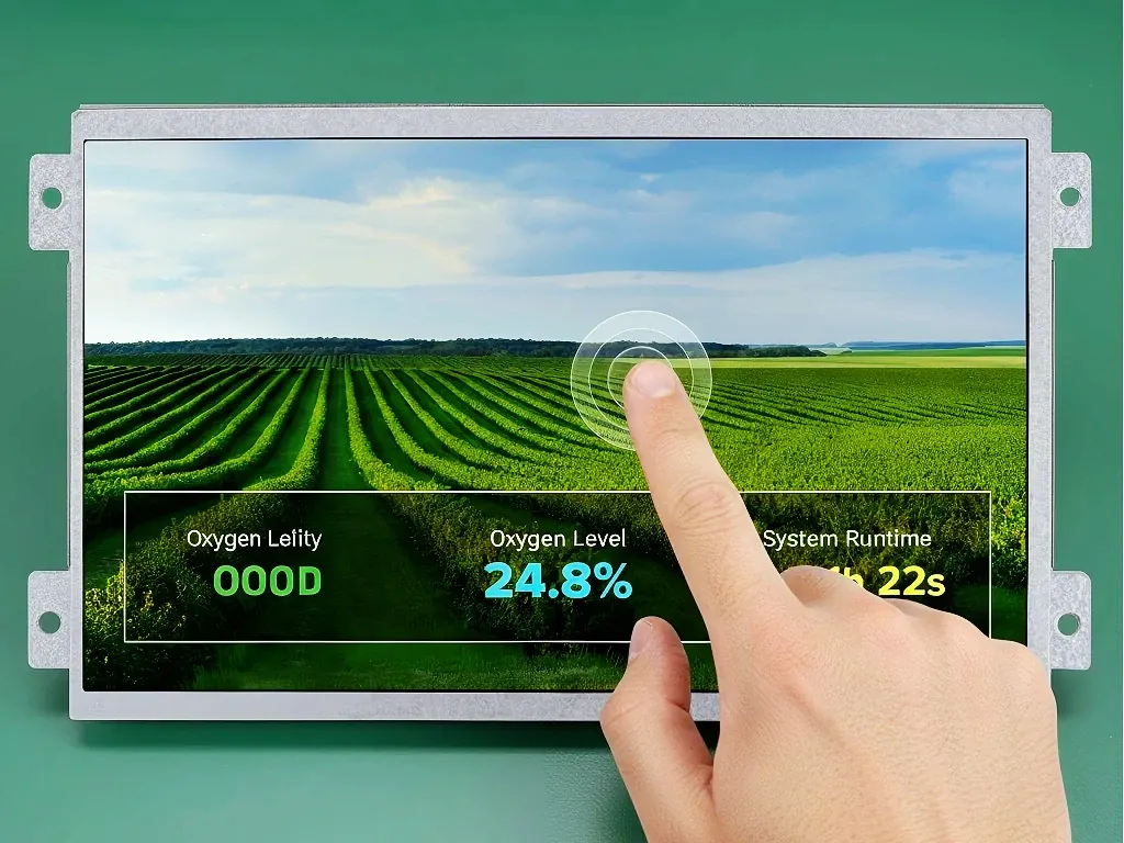 A finger touching a TFT LCD module showing a landscape image