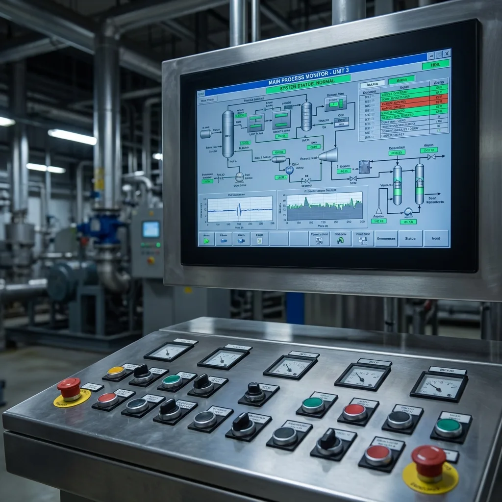 Industrial monitor displaying a process diagram and status readings
