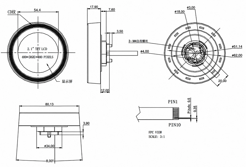 ND021ESK480480-B01 2.1-inch rotary knob TFT display mechanical drawing showing front, side and rear dimensions and 10-pin FPC connection