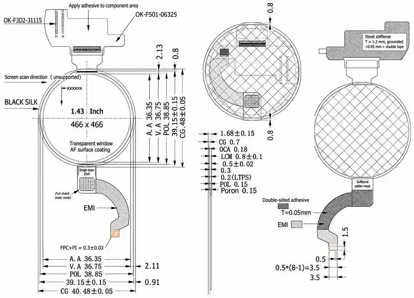 Mechanical drawing of a 1.43-inch round AMOLED display with 466 × 466 resolution, showing dimensions and FPC layout