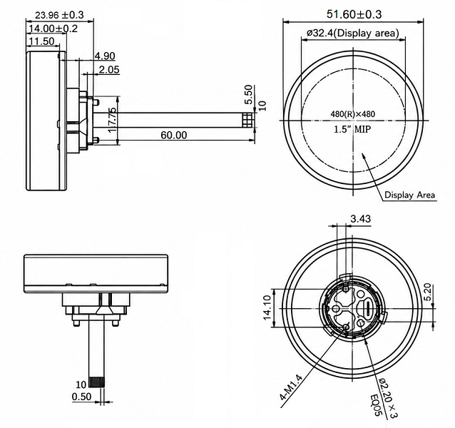 ND015ESK466466-A01 1.5-inch rotary knob display front and side dimensions with rear connection view
