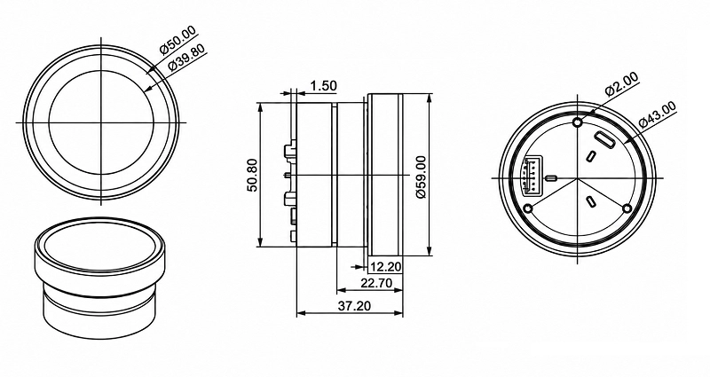 ND016HMK400400-A01 1.6-inch rotary knob display mechanical drawing and interface definition